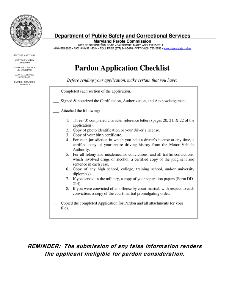 Maryland Pardon Application - Fill Online, Printable, Fillable within Governor Pardon Letter Template Sample