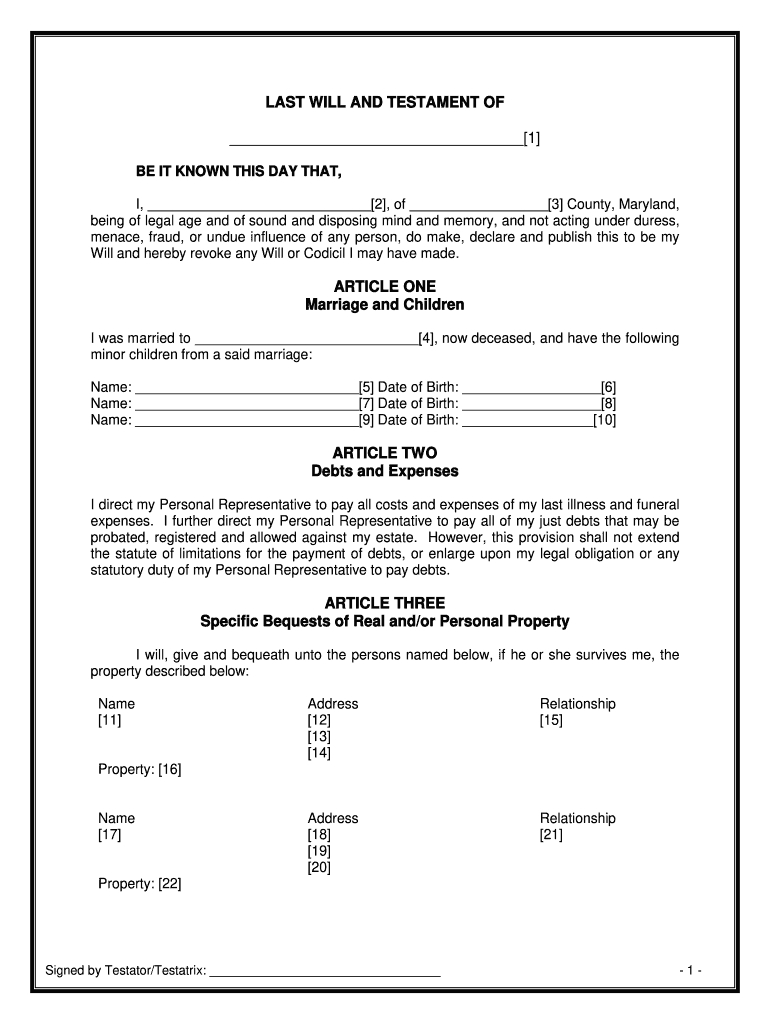 Maryland Will Template - Fill Online, Printable, Fillable, Blank with regard to Will Template Sample For Maryland