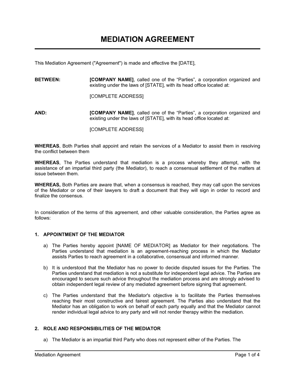 Mediation Agreement Template 2024 [Download .Docx] | Business In A intended for Mediation Agreement Template Sample