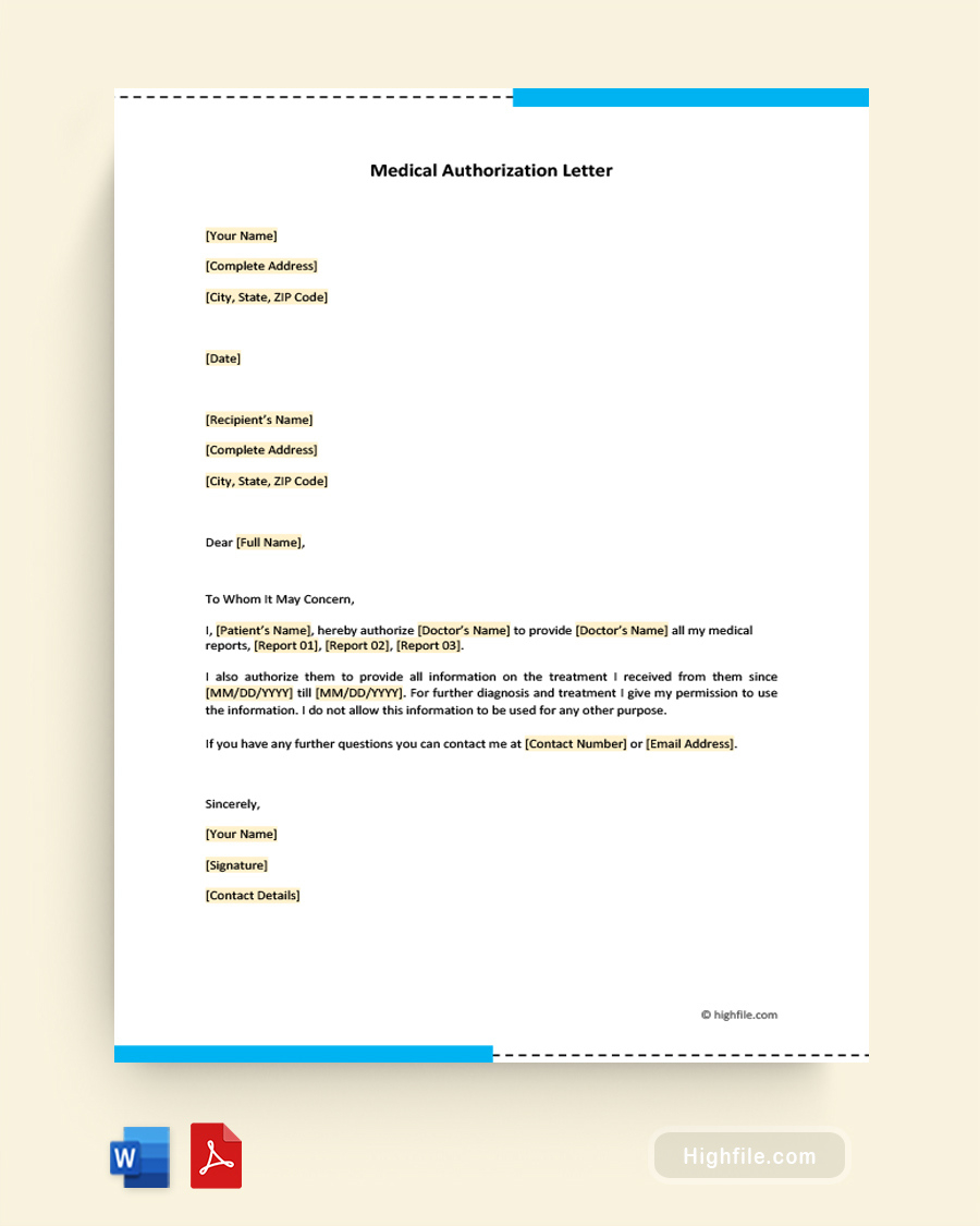 Medical Authorization Letter Template - Word | Pdf - Highfile in Authorization Sample Template