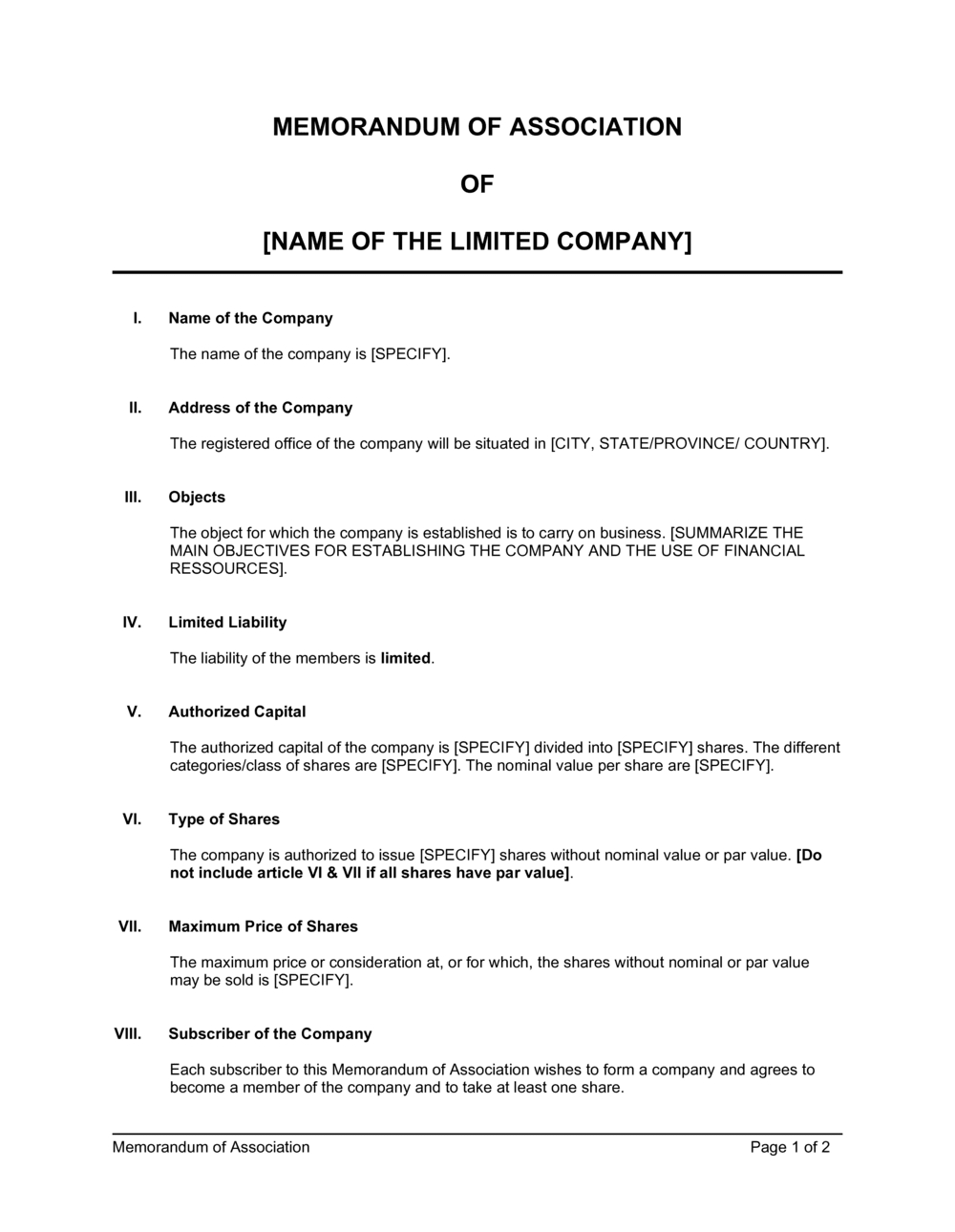 Memorandum Of Association Template 2024 [Download .Docx throughout MOA Sample Template