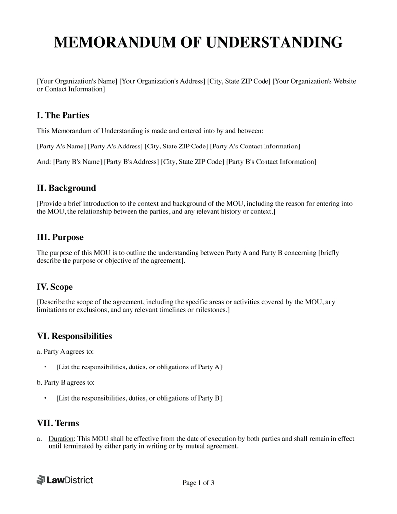 Memorandum Of Understanding (Mou) Template | Lawdistrict with Free MOU Sample Template