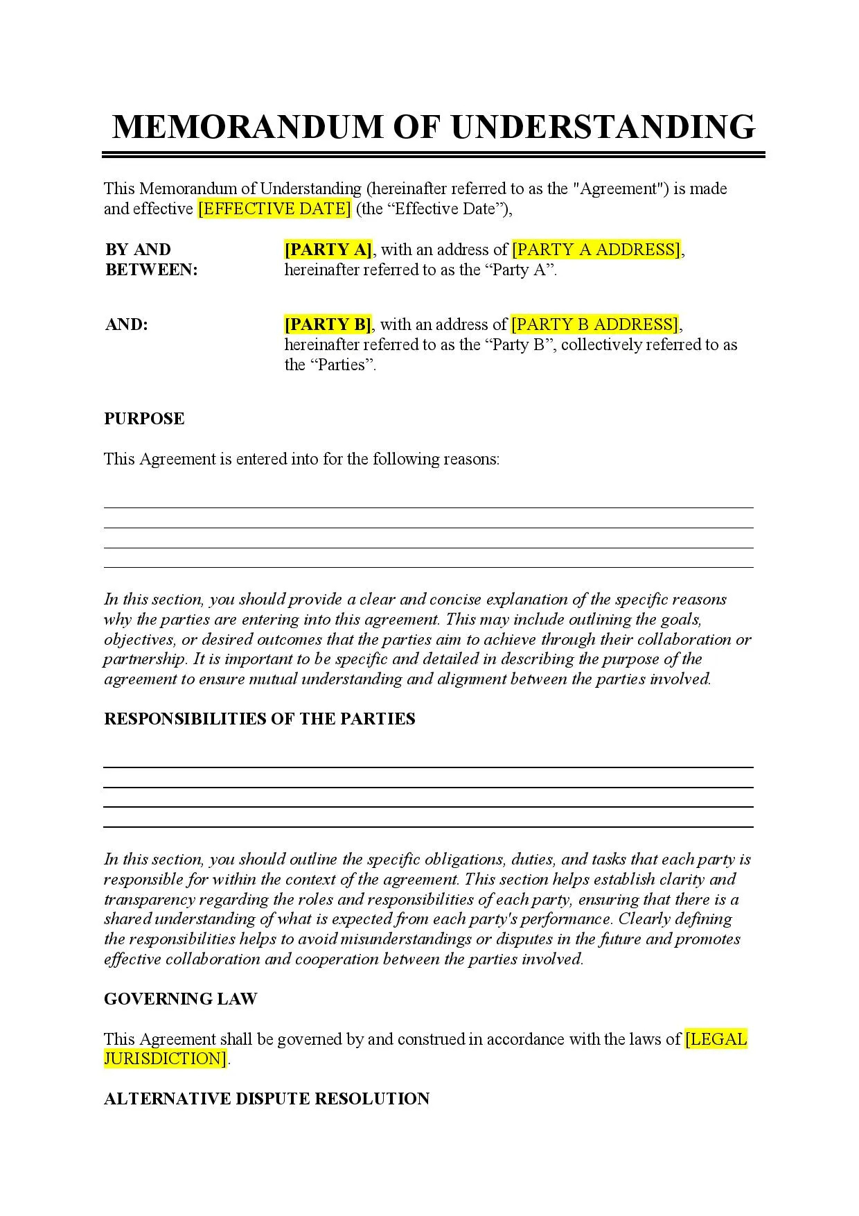 Memorandum Of Understanding Template - Free Download - Easy Legal Docs inside Memorandum Of Agreement Template Sample