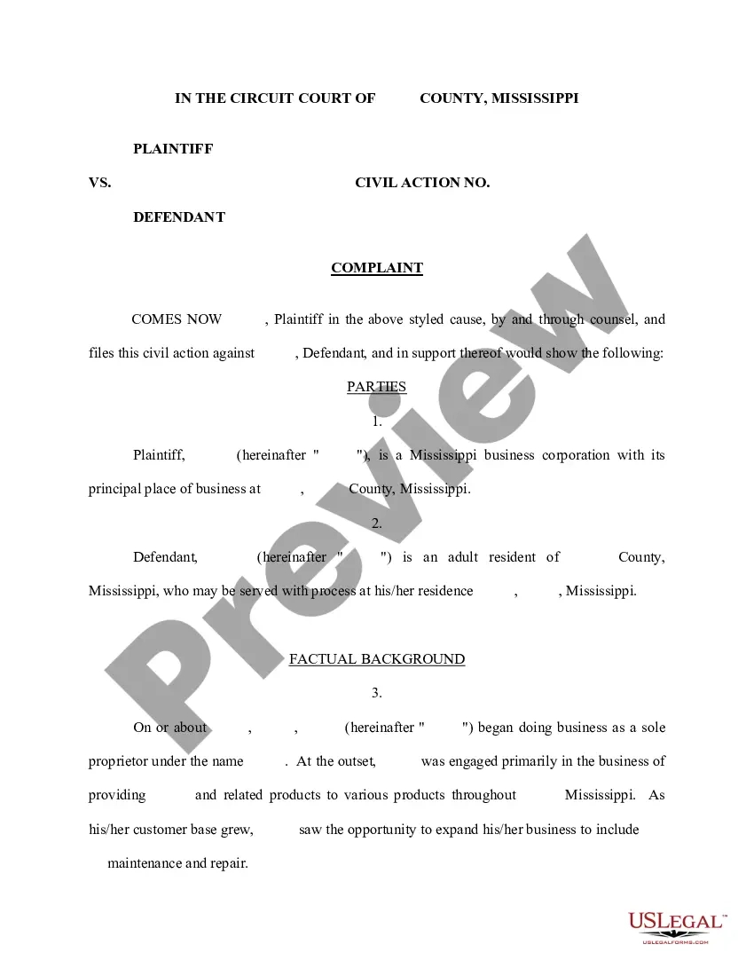 Mississippi Complaint - Corporate Plaintiff - Civil Complaint for Lawsuit Complaint Sample Template