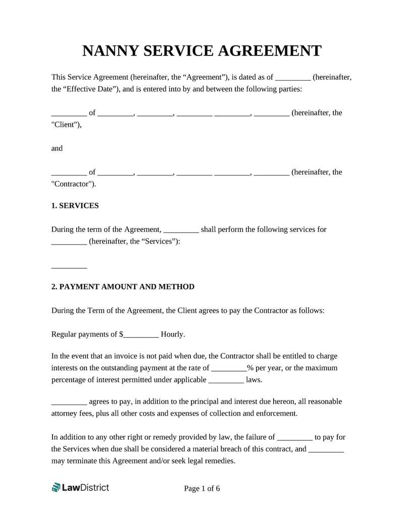 Nanny Contract (Service Agreement) Template | Lawdistrict for Nanny Contract Sample Template