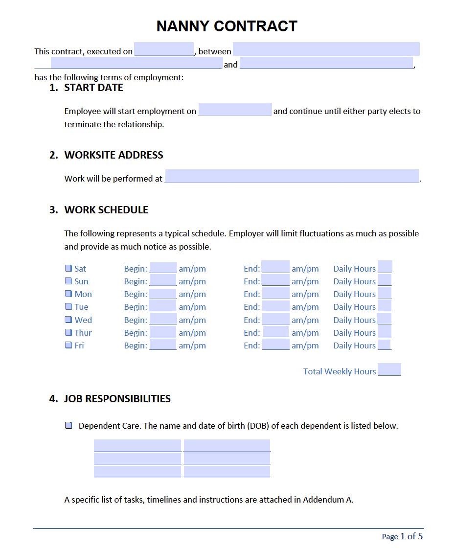 Nanny Contract Template | Pdf inside Nanny Contract Sample Template