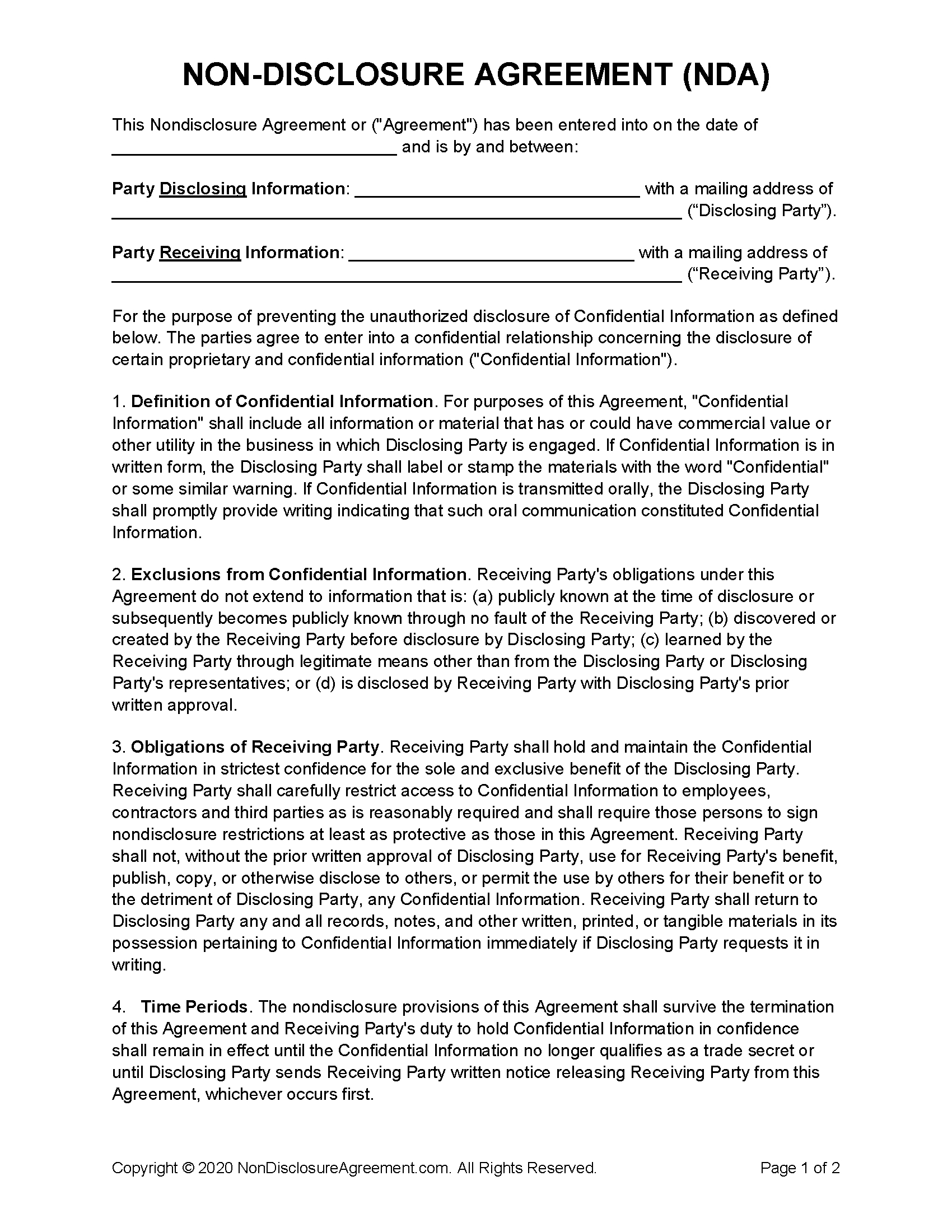 Non-Disclosure Agreement (Nda) Template – Sample regarding Sample Non Disclosure Agreement Template