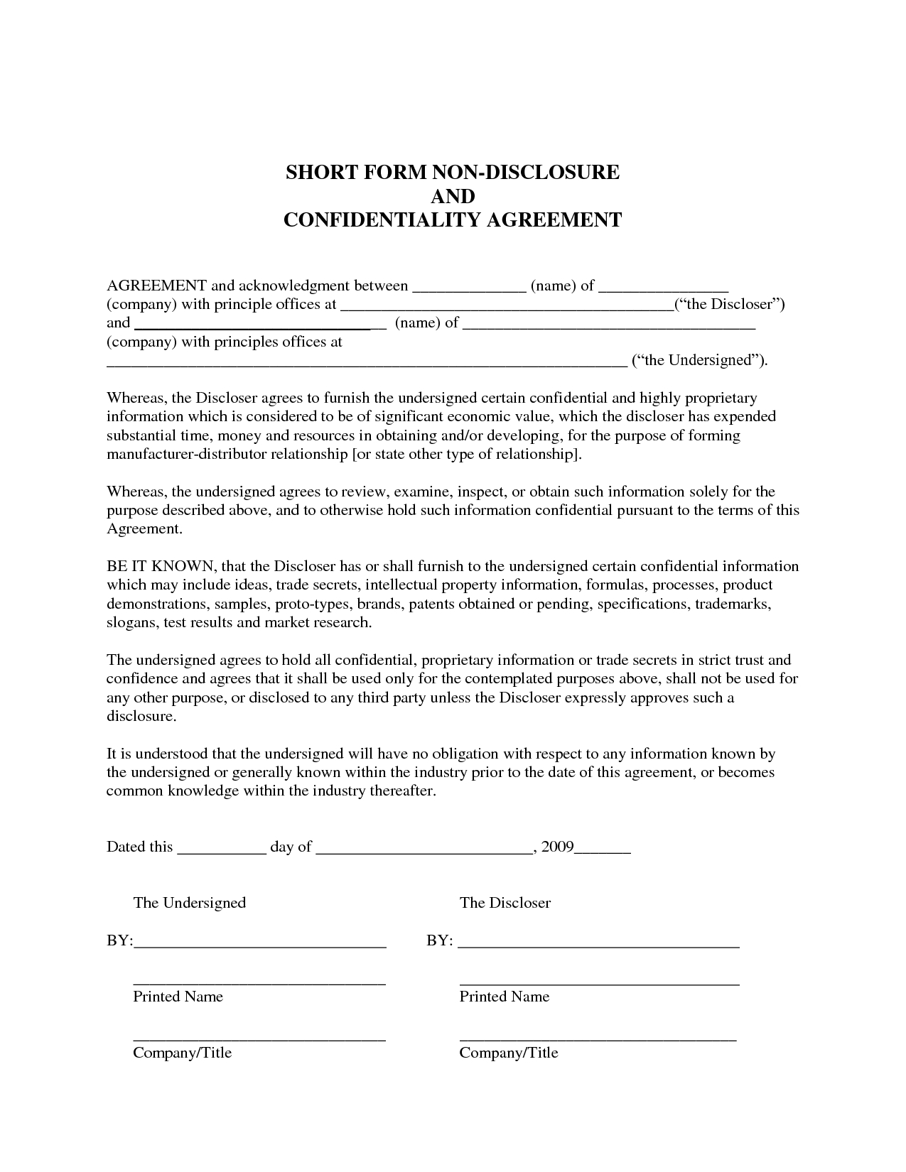 Non-Disclosure Agreement Sample - Free Printable Documents in Sample Non Disclosure Agreement Template