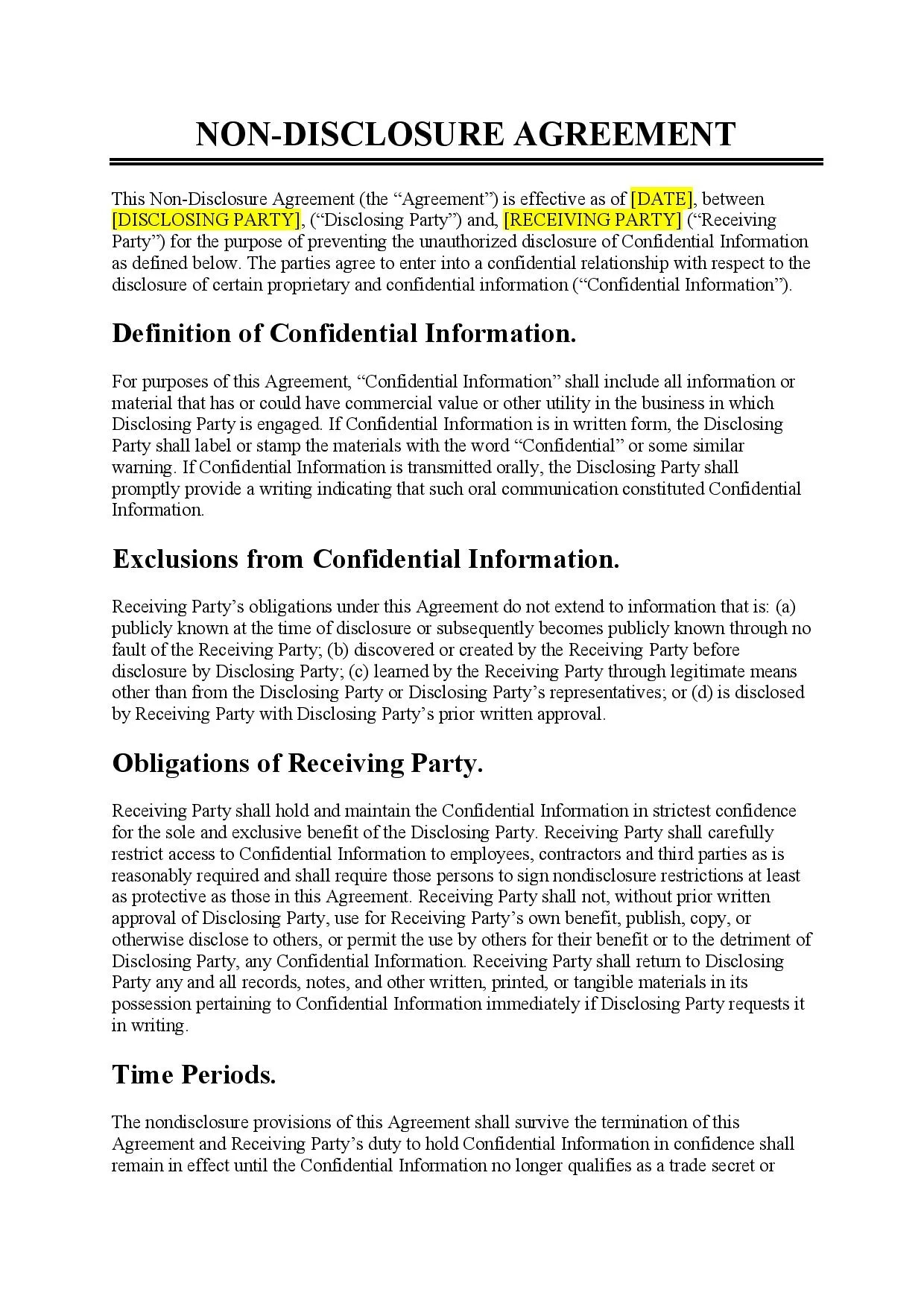 Non-Disclosure Agreement Template - Free Download - Easy Legal Docs intended for Sample Non Disclosure Agreement Template