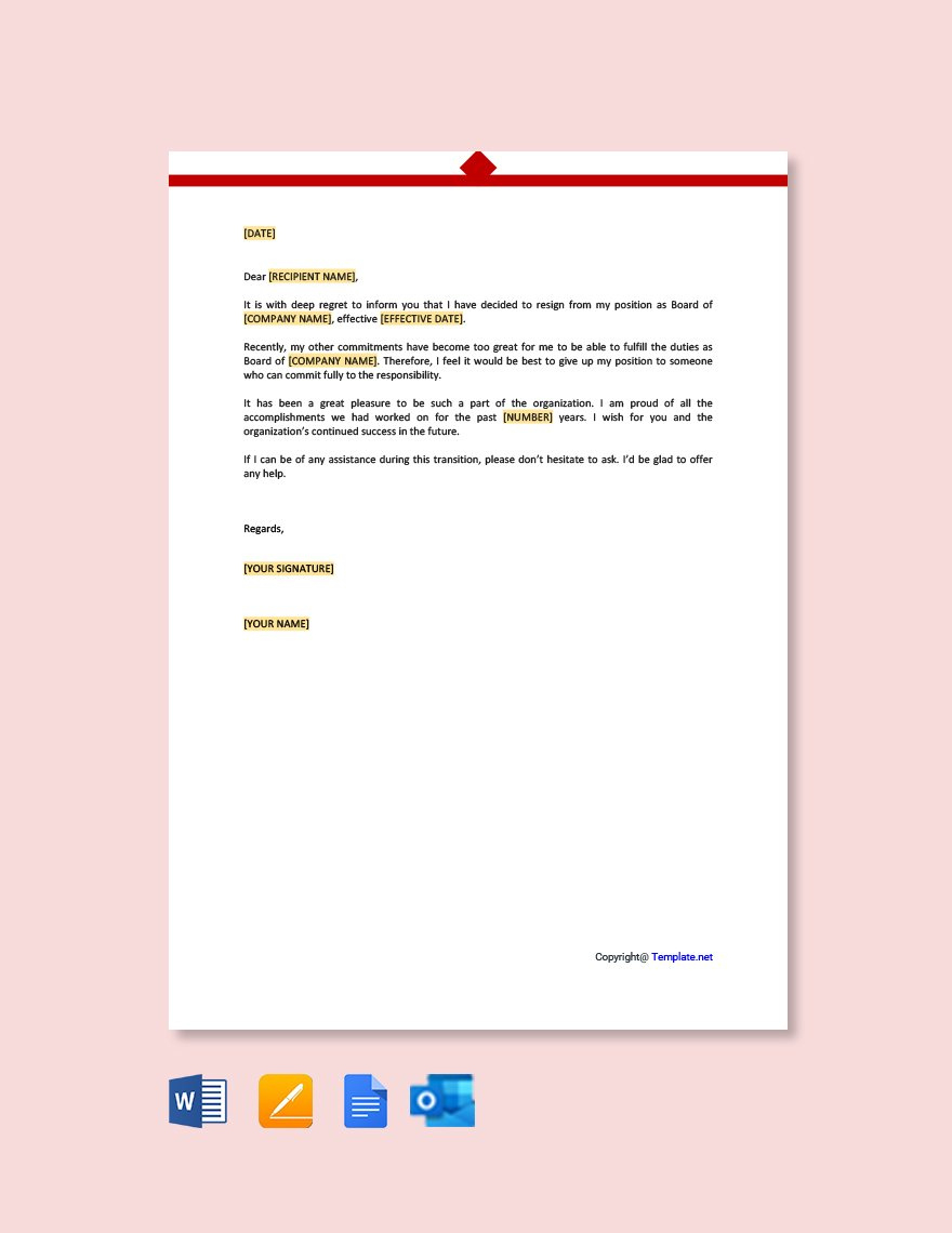 Non Profit Board Resignation Letter In Google Docs, Pages, Word intended for Board Resignation Letter Sample Template