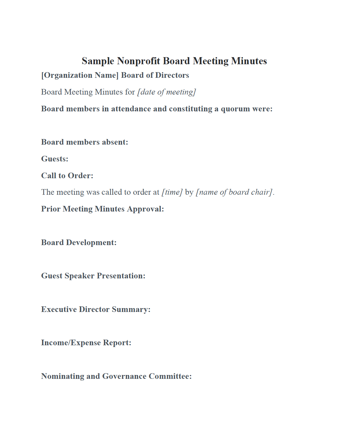 Nonprofit Board Meeting Minutes Template in Board Meeting Minutes Template Sample