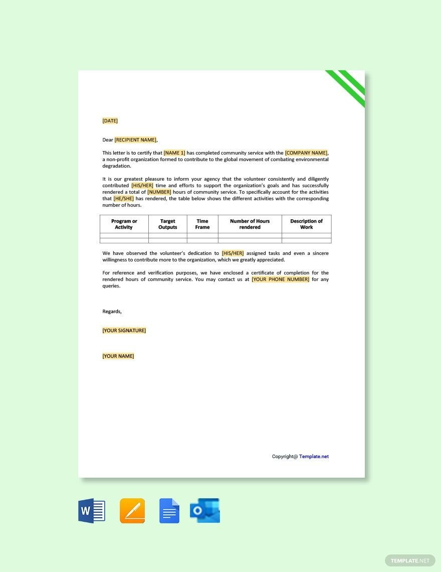 Nonprofit Community Service Letter In Google Docs, Word, Pages pertaining to Community Service Completion Letter Sample Template