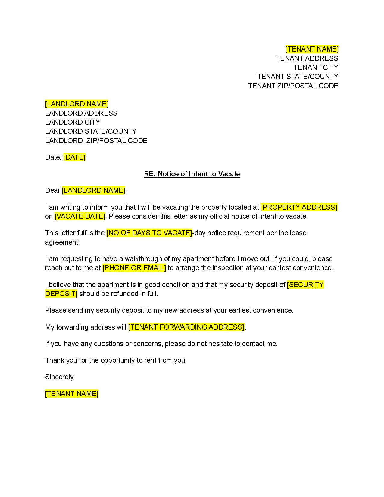 Notice Of Intent To Vacate Template - Free Download - Easy Legal Docs intended for 30-Day Notice To Landlord Template Sample