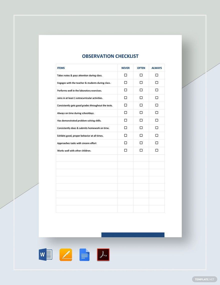 Observation Checklist Template In Word, Pages, Pdf, Google Docs in Event Observation Sample Template