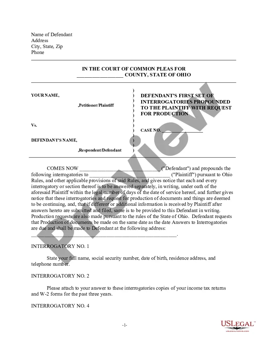 Ohio Discovery Interrogatories From Defendant To Plaintiff With with Discovery Request Sample Template