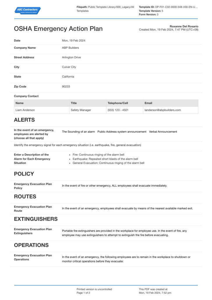 Emergency Action Plan Template Sample