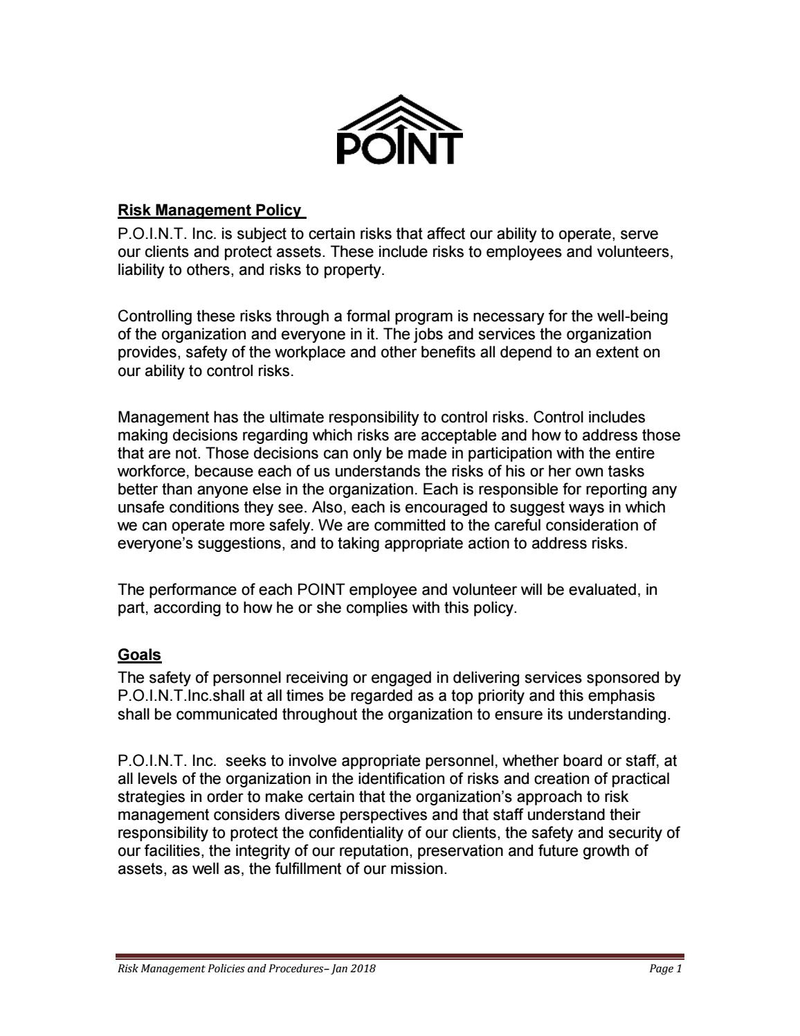 P.o.i.n.t. Inc. Risk Management Policy And Procedures 2018 throughout Risk Management Policy Sample Template