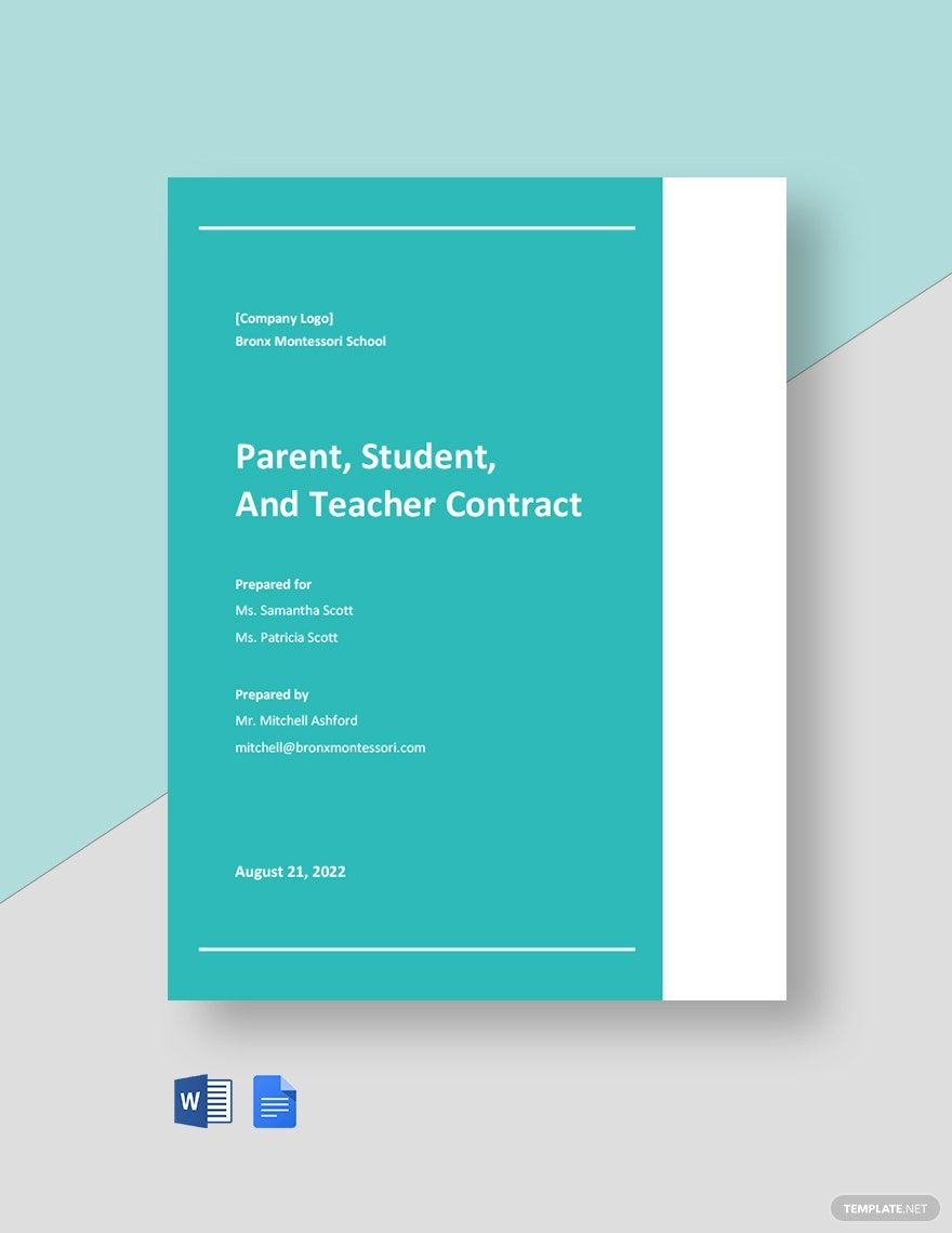 Parent Student And Teacher Contract Template In Google Docs, Word for Teacher Contract Sample Template