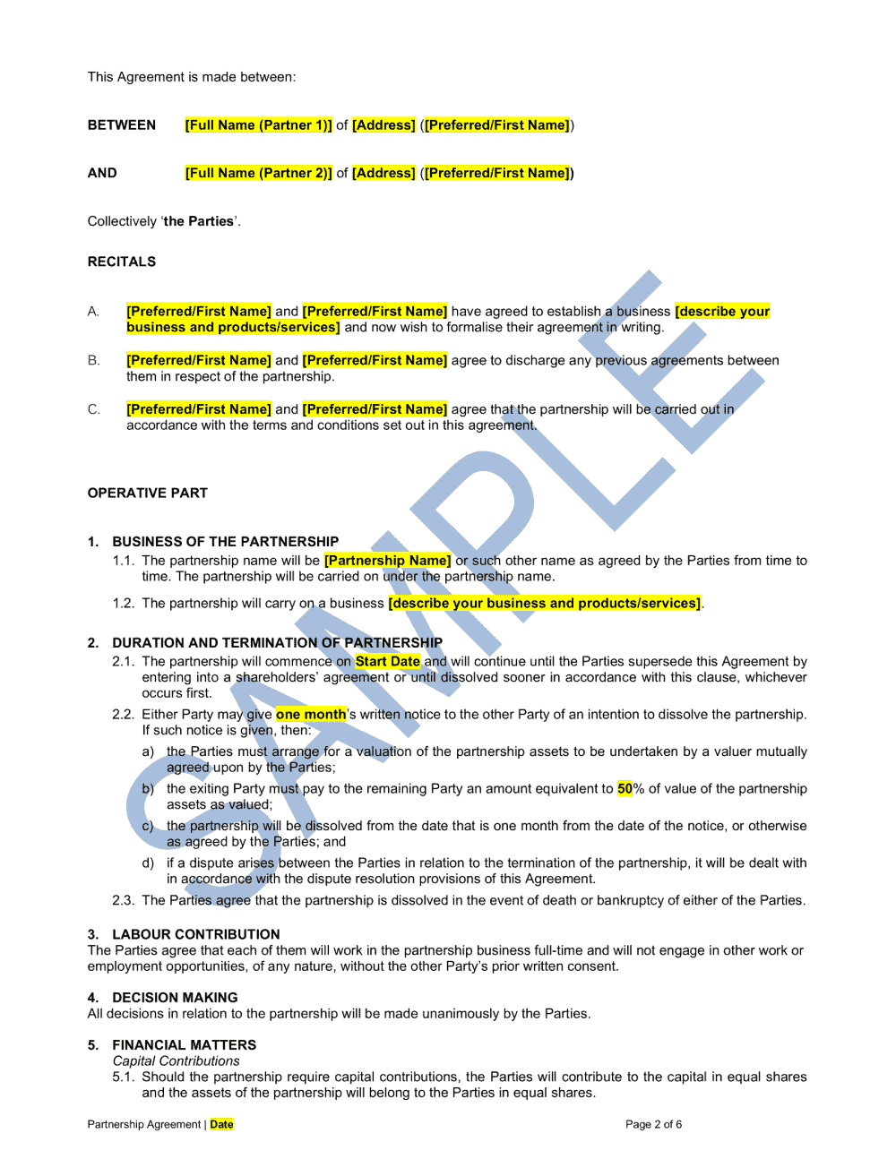 Partnership Agreement - Template - Easy Legal Templates with Partnership Sample Templates