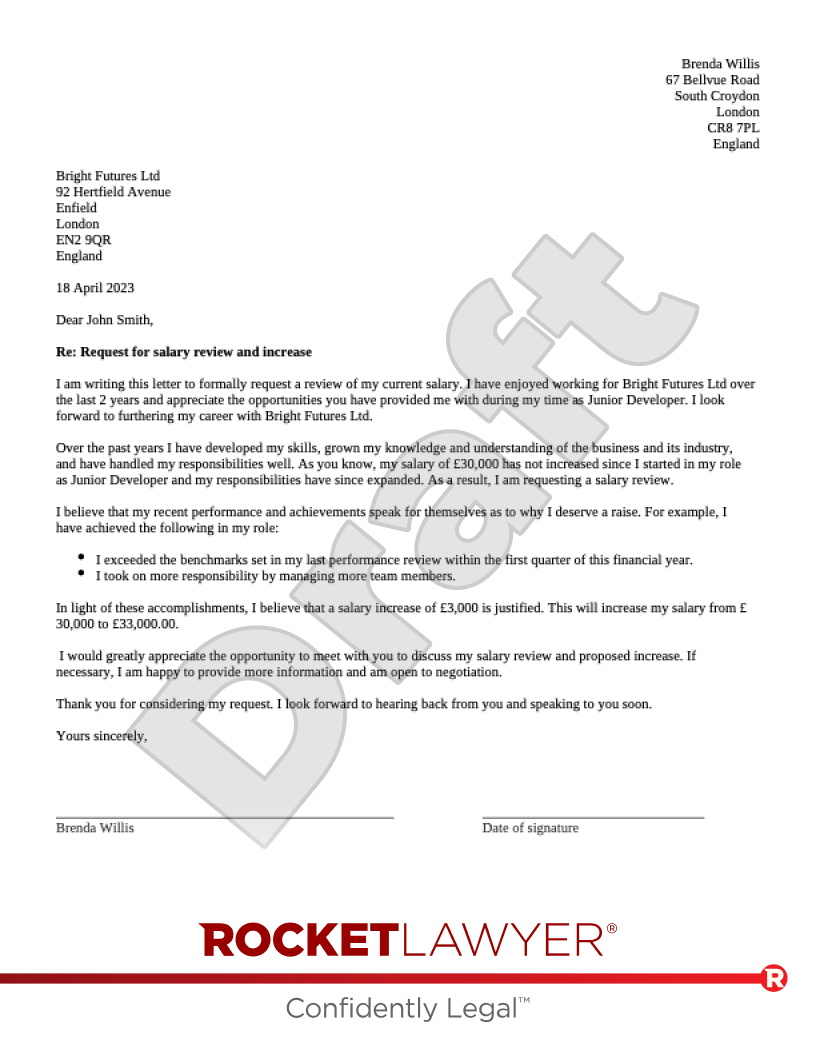 Pay Rise Request Letter | Template &amp;amp; Faqs - Rocket Lawyer Uk regarding Pay Raise Letter Sample Templates