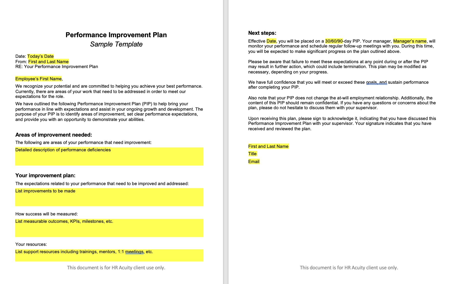 Performance Improvement Plan Template | Hr Acuity within Performance Improvement Plan Sample Template