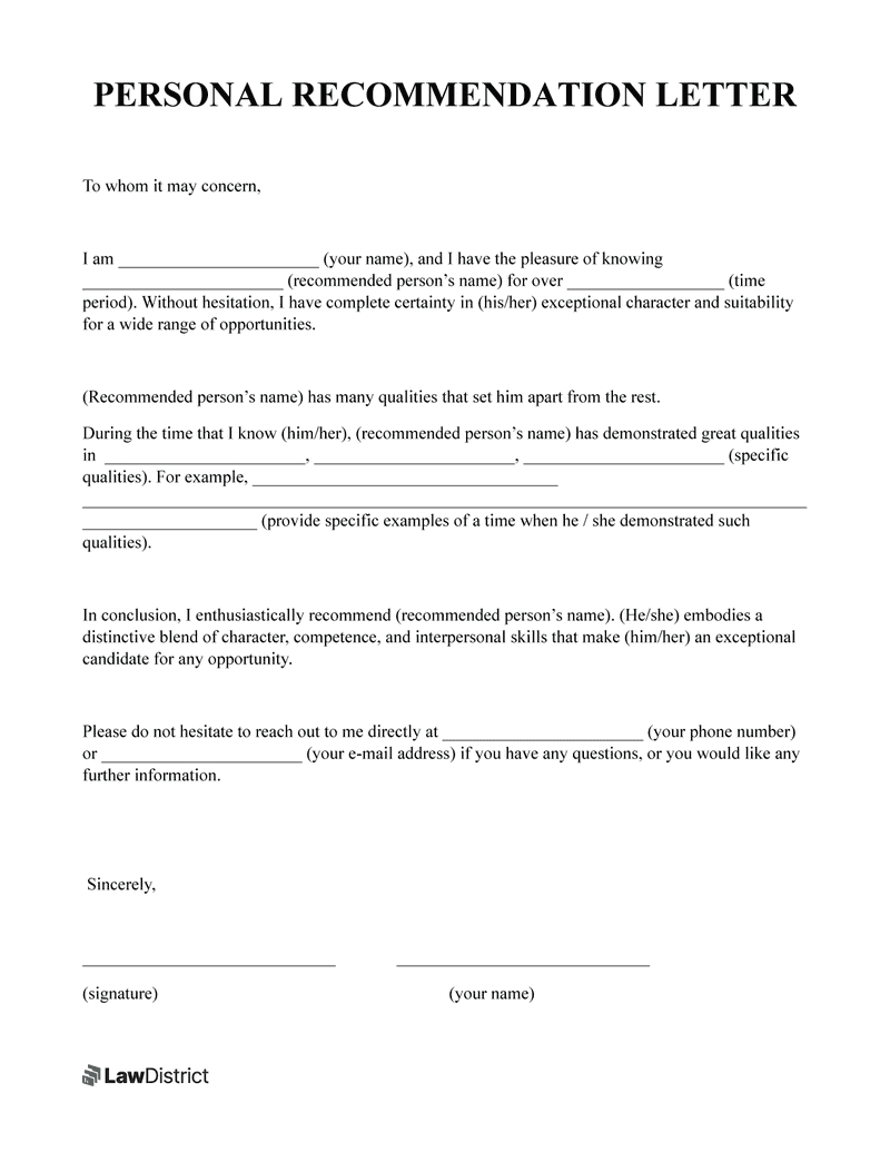 Personal Letter Of Recommendation | Samples &amp;amp; Pdf Form | Lawdistrict pertaining to Personal Reference Letter Template Sample