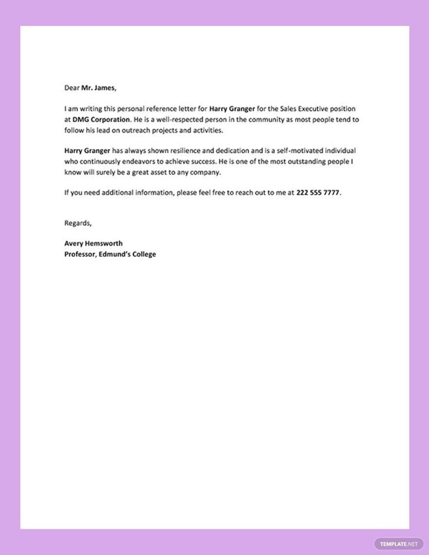 Personal Reference Letter In Pdf, Word, Google Docs - Download with Personal Reference Letter Template Sample