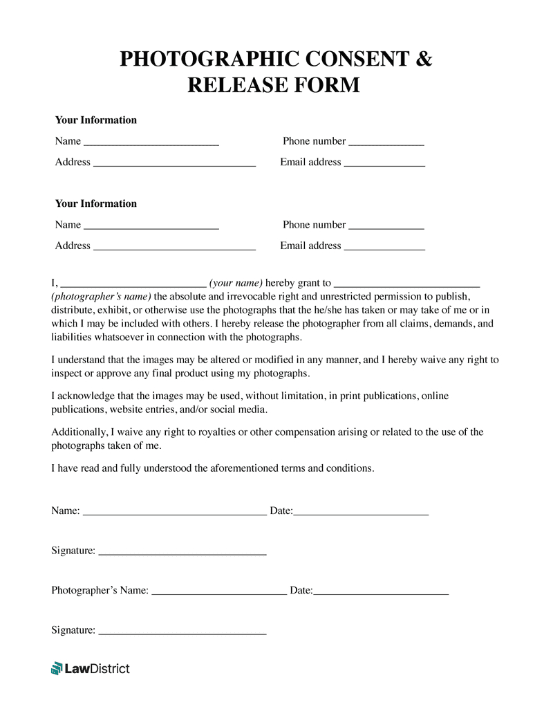 Photo Release Consent Form | Free Pdf Template | Lawdistrict intended for Photo Release Form Template Sample