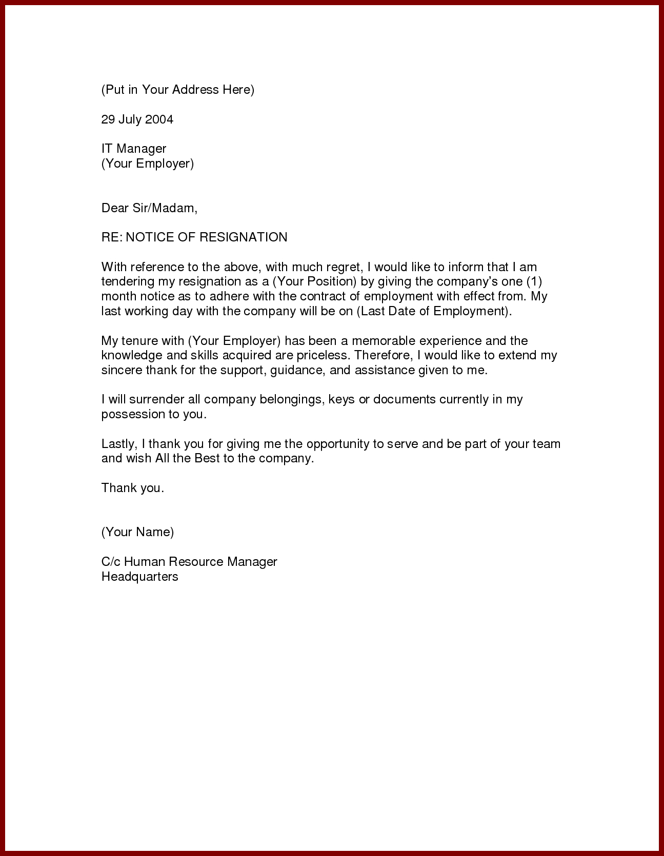 Pin Page with 1-Month Notice Resignation Letter Sample Template