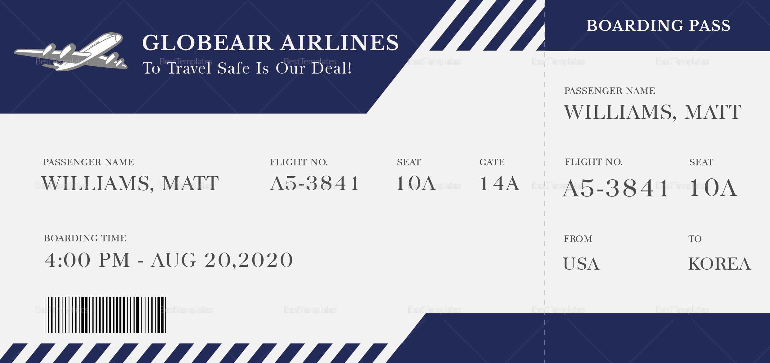 Plane Boarding Ticket Design Template In Psd, Word, Publisher with regard to Sample Airline Ticket Template