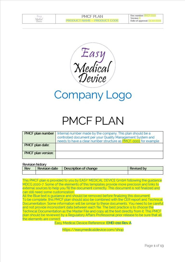 Pmcf Plan Template – Easy Medical Device School pertaining to Medical Device Quality Plan Template Sample