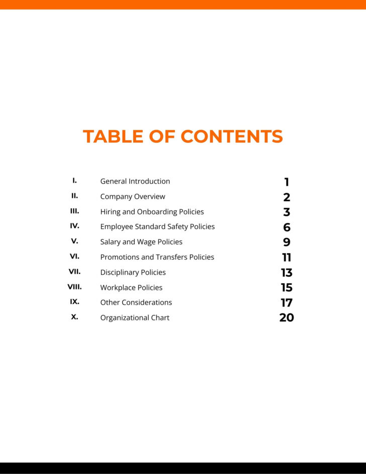 Sample Table of Contents Template