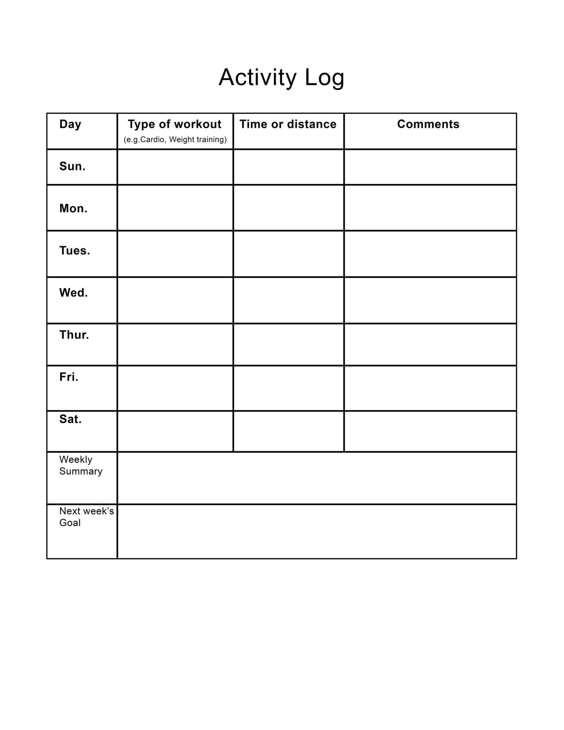 Printable Exercise Activity Log Sheet for Sample Activity Log Template