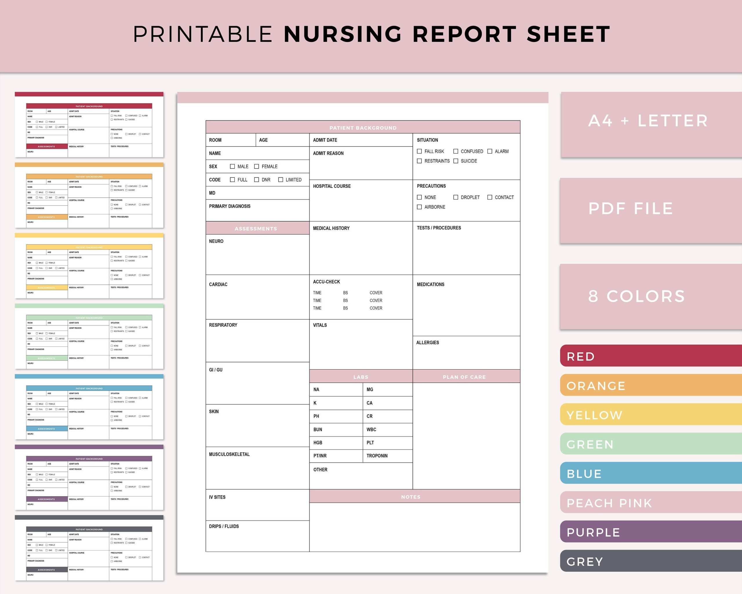 Printable Nursing Report Sheet, Nurse Brain Sheet, Single Patient in Nursing Report Sheet Templates Sample