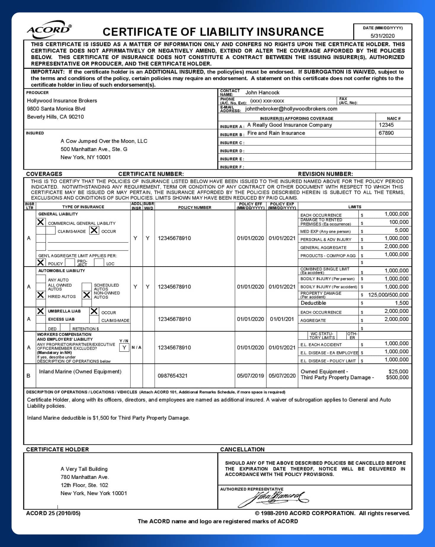 Producer&amp;#039;S Guide: Certificates Of Insurance In Film | Wrapbook for COI Sample Template