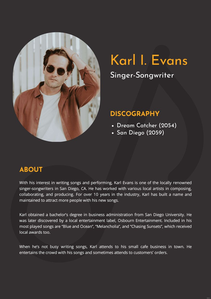 Professional Bio Template For Musician In Word - Download with Musician Bio Sample Template