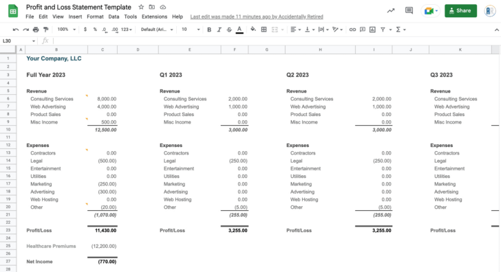 Profit And Loss Sample Template