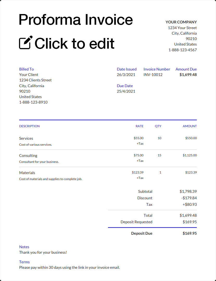 Proforma Invoice Template with Proforma Invoice Template Sample