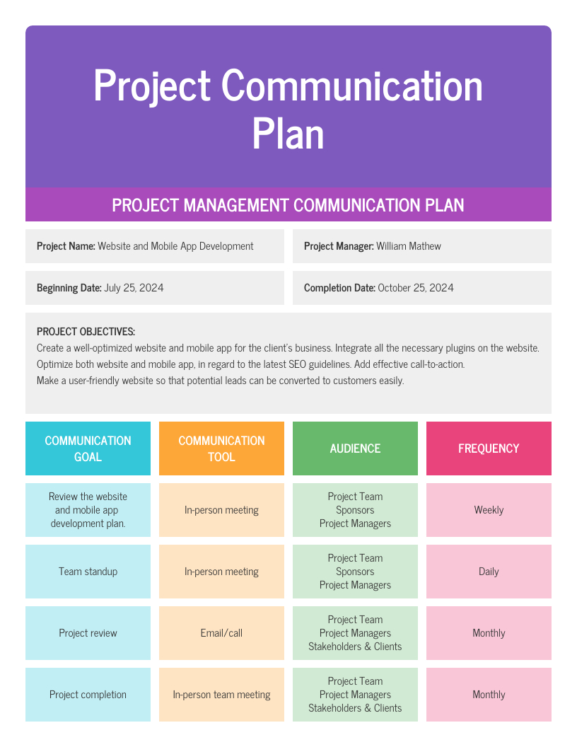 Project Management Communication Plan Template - Venngage in Communication Plan Sample Template