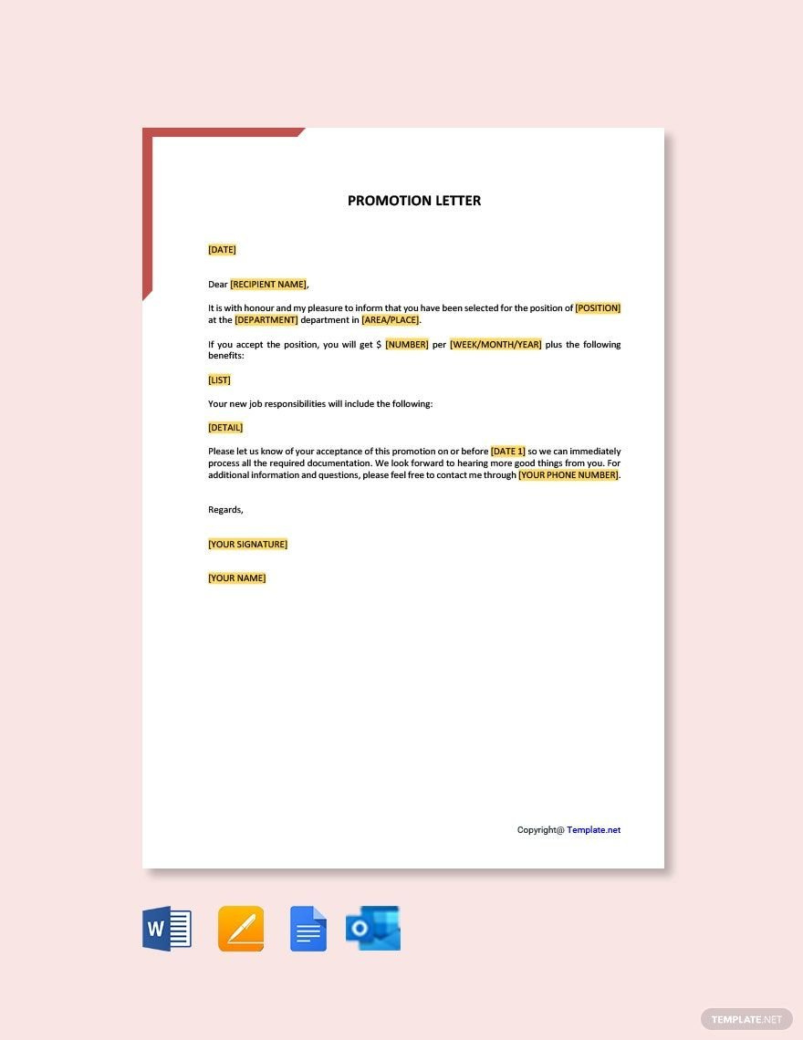 Promotion Letter Sample In Google Docs, Word, Pages, Outlook, Pdf with Promotion Letter Template Sample