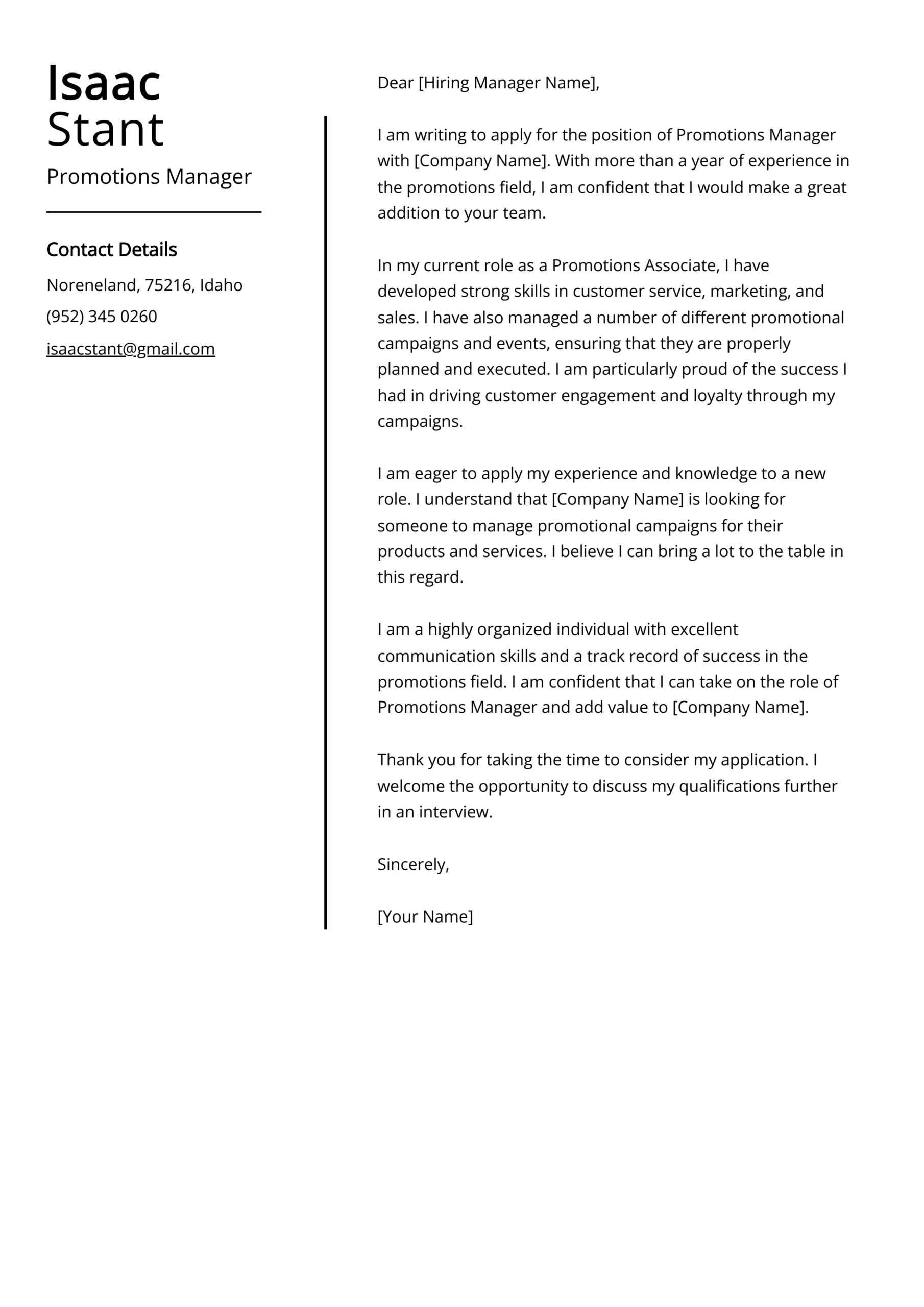 Promotions Manager Cover Letter Examples (Template &amp;amp; 20+ Tips) inside Promotion Letter Template Sample