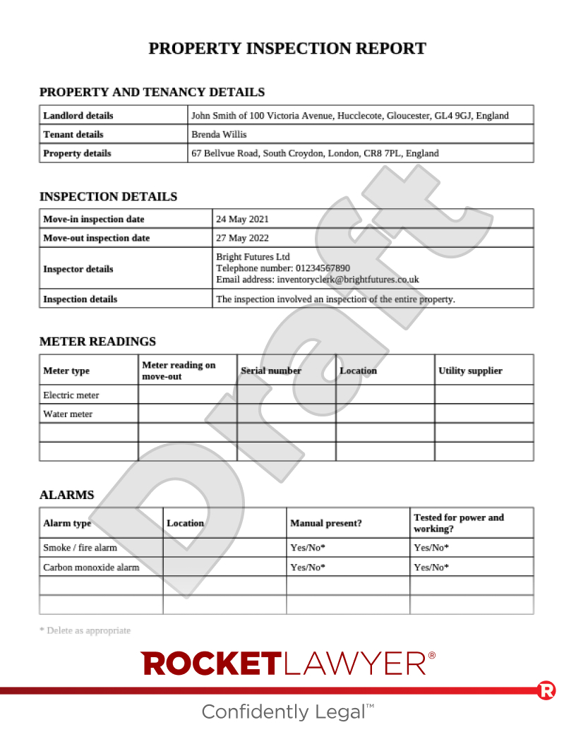 Property Inspection Report | Template &amp;amp; Faqs - Rocket Lawyer Uk within Inspection Report Template Sample