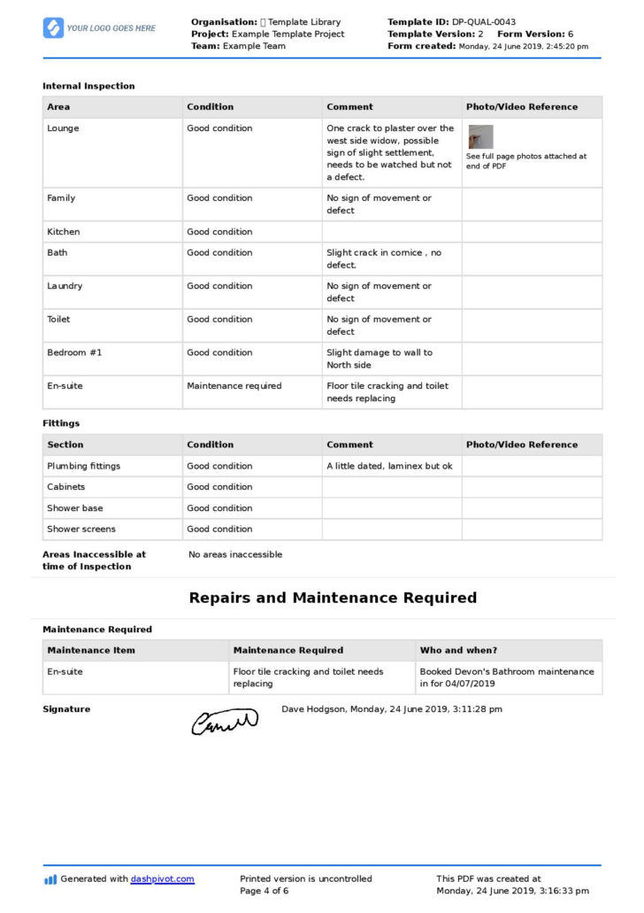 Inspection Report Template Sample