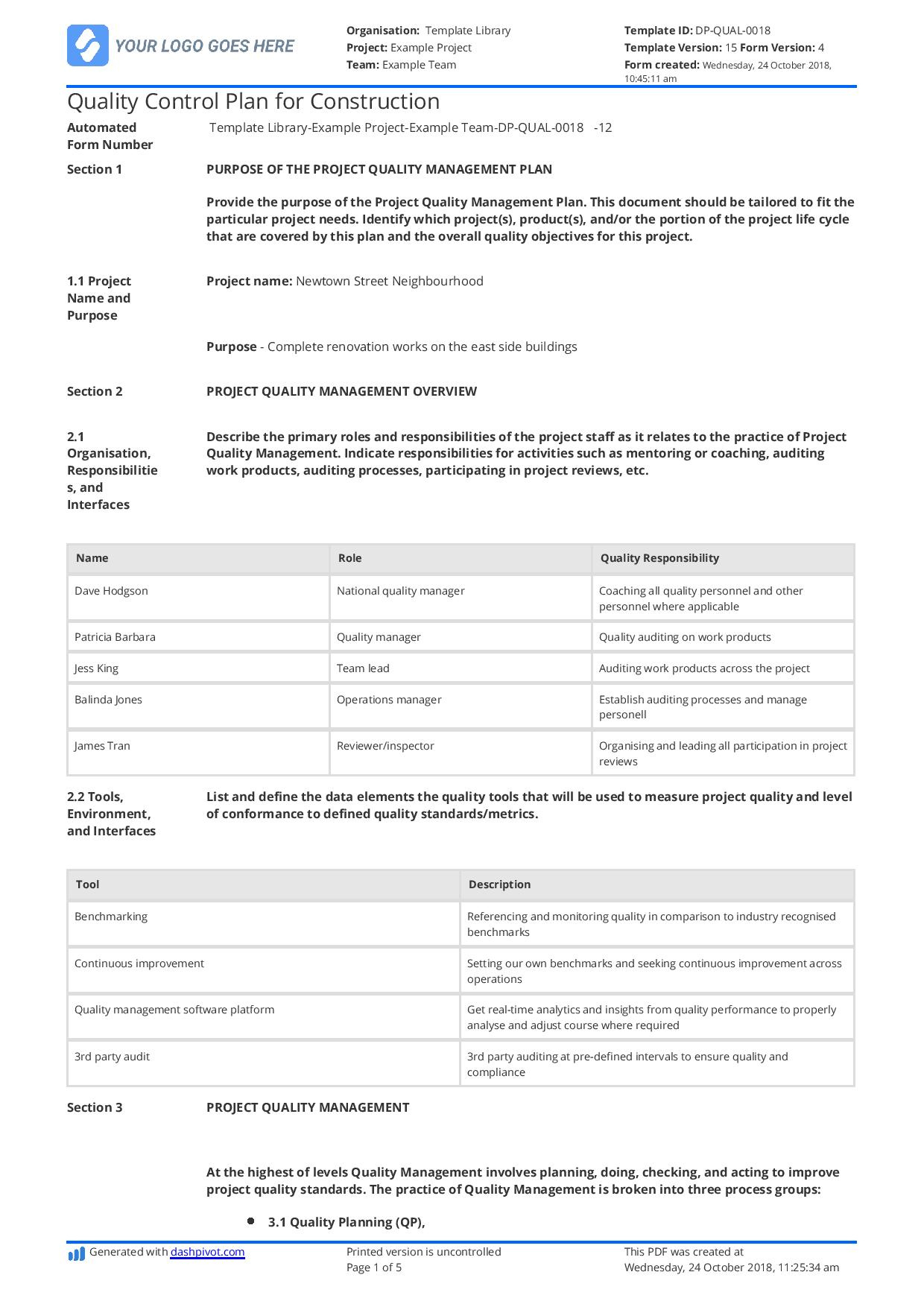 Quality Control Plan For Construction: Template And Sample inside Quality Control Plan Sample Template