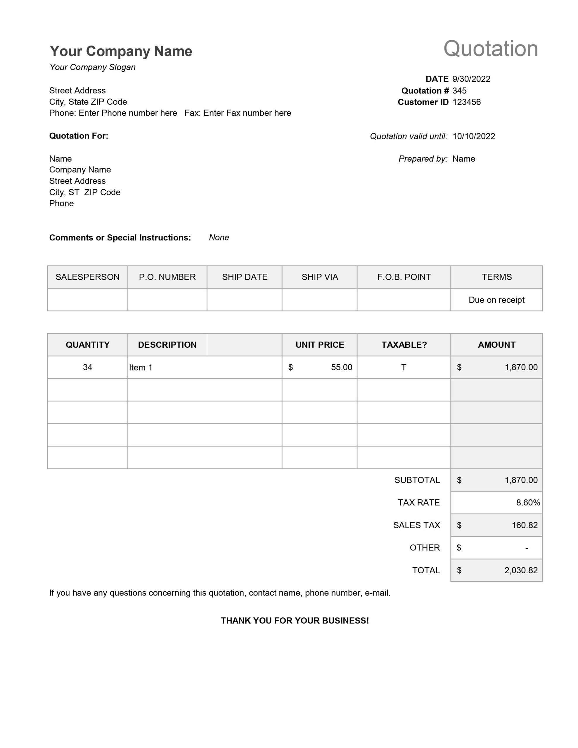 Quotation Template regarding Quote Form Sample Template