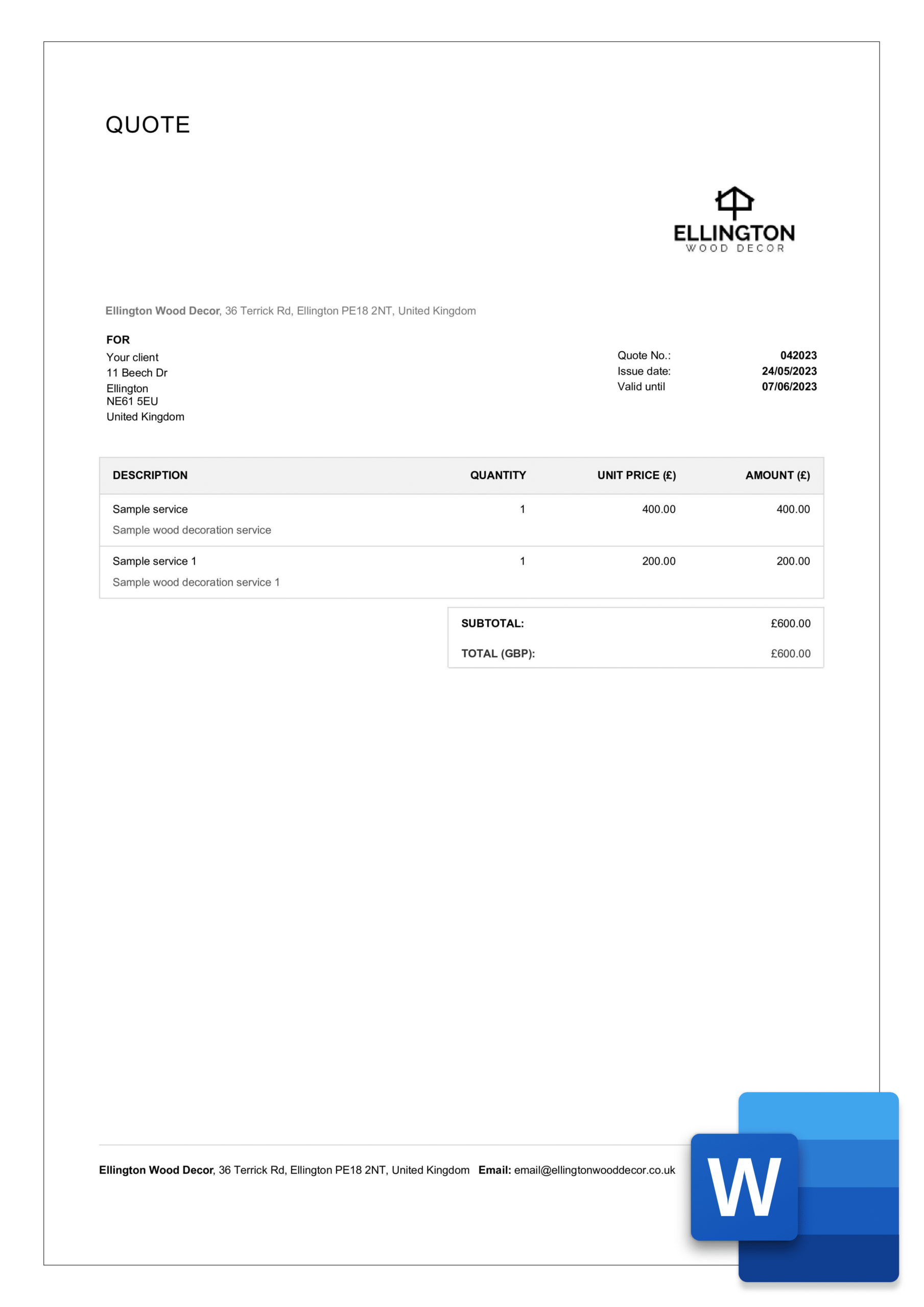 Quote Word Invoice Template - Free &amp;amp; Editable | Billdu inside Free Quotation Template Samples