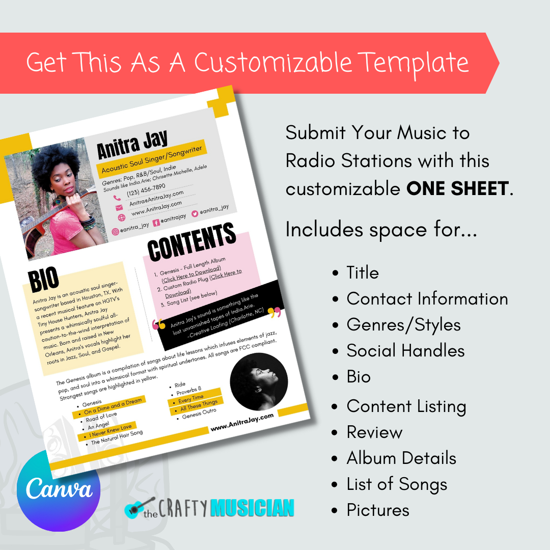 Radio Submission One Sheet (Canva) Template For Musicians – The inside One Sheet Template Sample