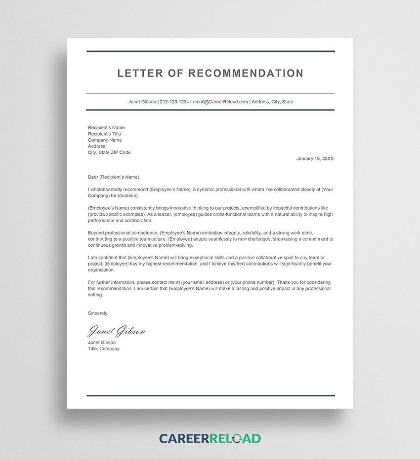 Recommendation Letter Examples &amp;amp; Templates for Employment Reference Letter Sample Template