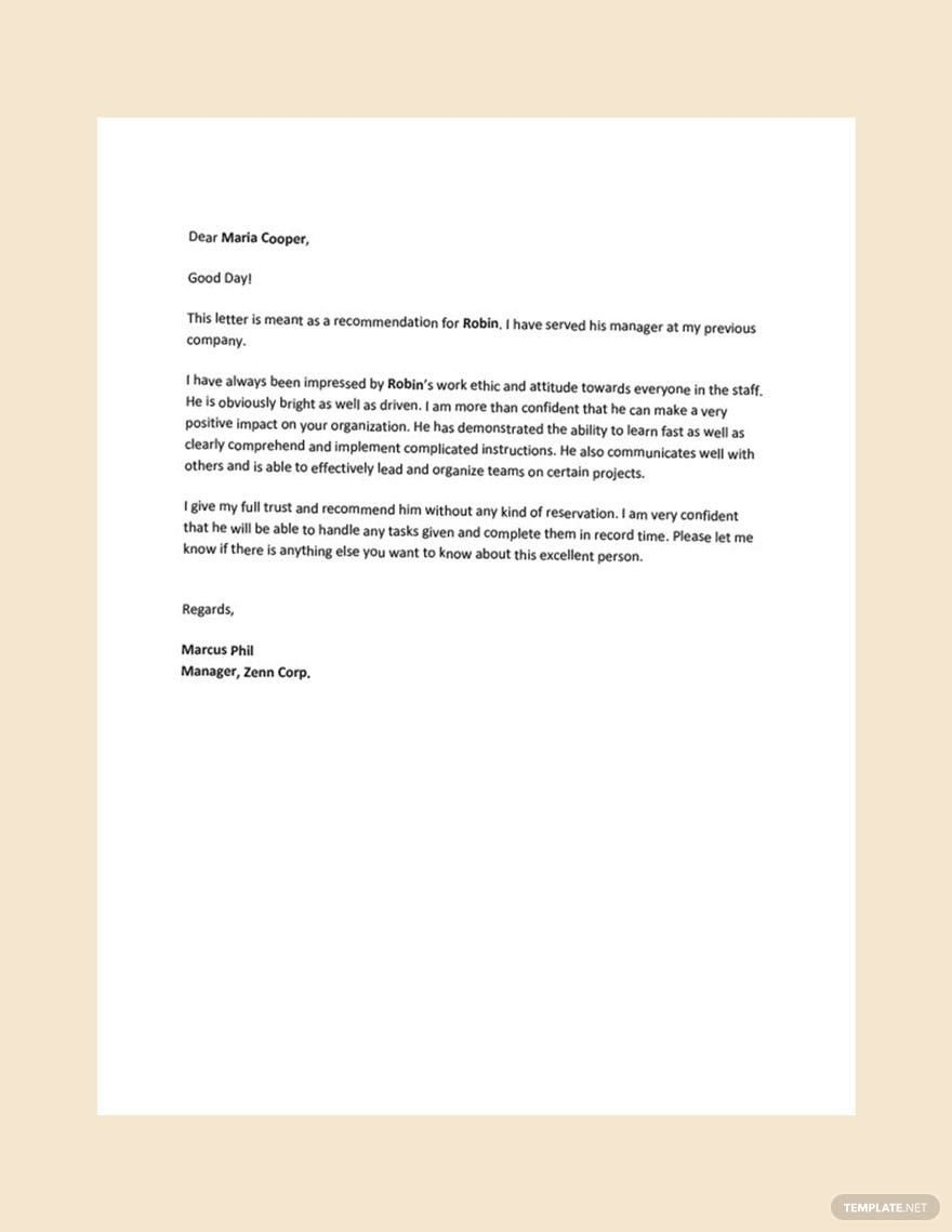 Recommendation Letter For Employee From Manager In Google Docs pertaining to Employee Recommendation Letter Template Sample