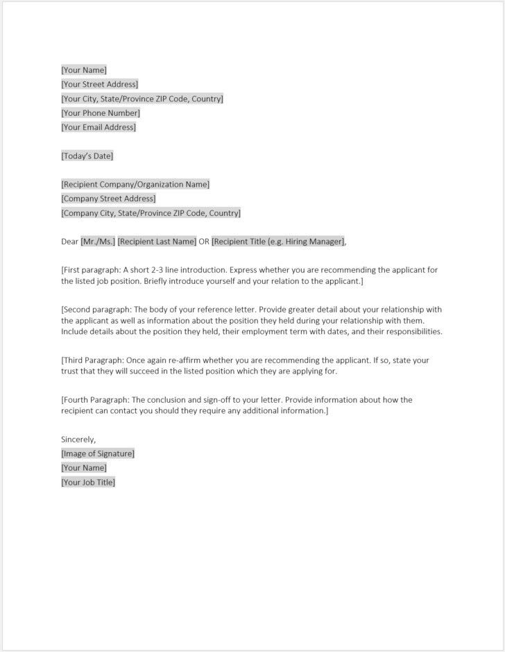 Sample Professional Reference Letter Template